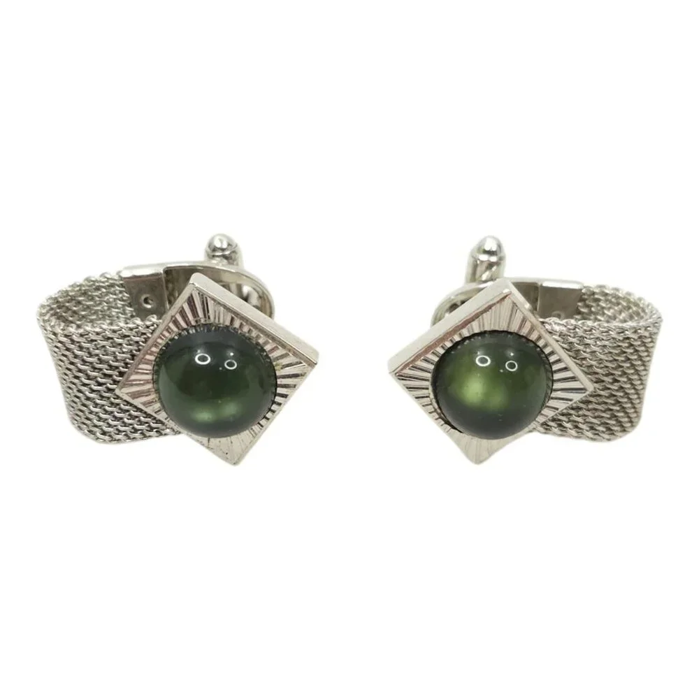 Anson Moon Stone Mesh Chainmail Cufflinks Silver Tone Men Vintage MCM Jewelry